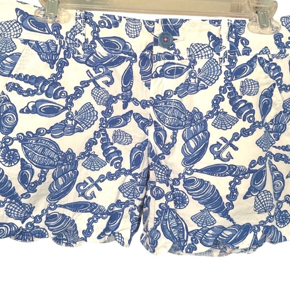 Lilly Pulitzer shorts blue white sea shell print distinct scalloped hem cotton 4